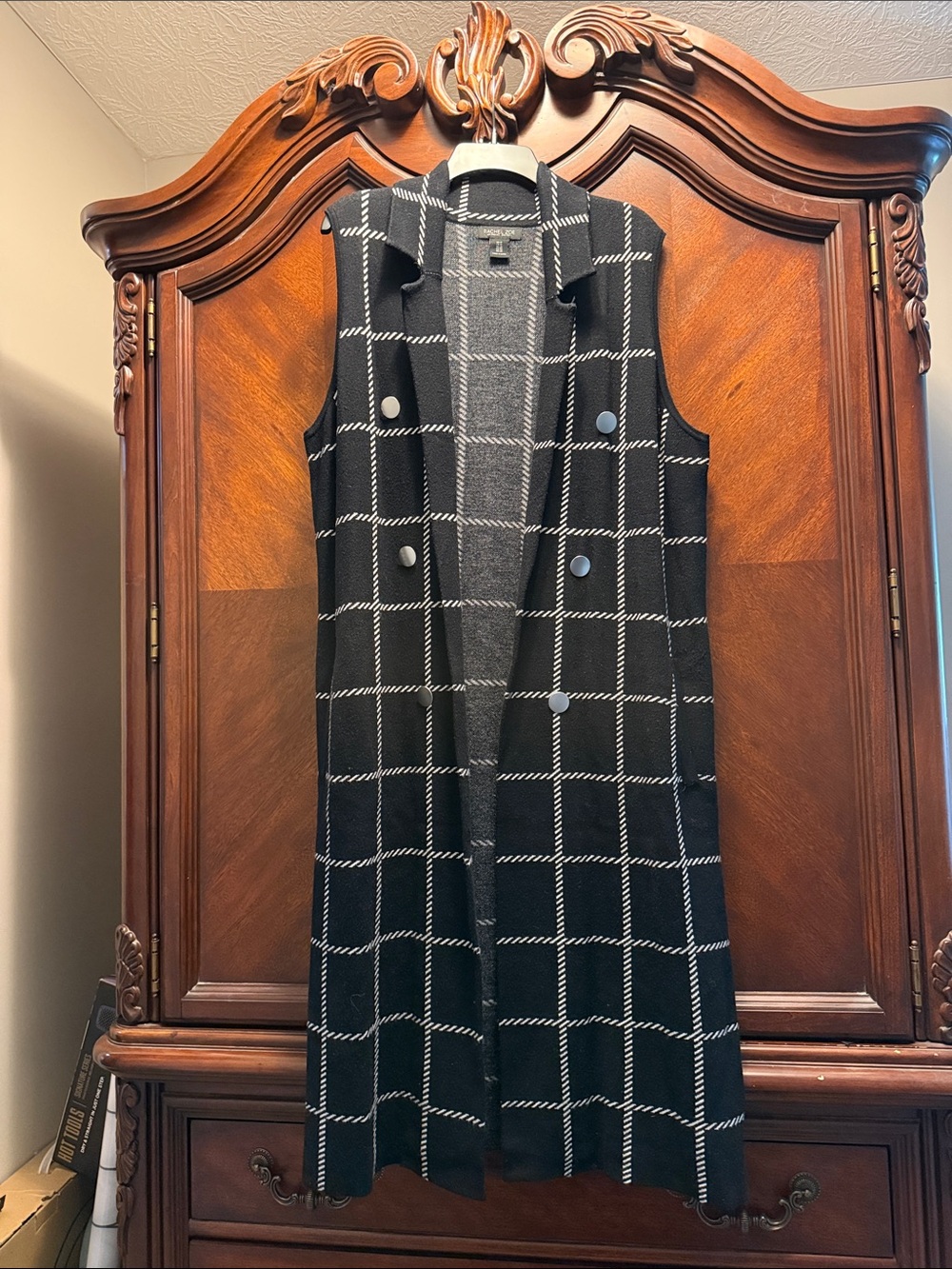 Rachel Zoe Black and White Windowpane Long Sleeveless Vest